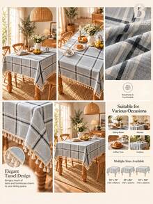 Bubaba Blue-Grey Plaid Tassel Tablecloth, Country Farmhouse Style Rectangular Tablecloth, Linen Texture Decorative Tablecloth, Suitable For Dining Room, Kitchen, Party And Daily Home Decor - Multicolor - View 3