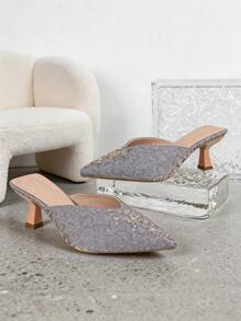 Women's Grey Ruched Texture Pointed Toe Kitten Heel Sandals, Slip On, Elegant New Summer Design Style - Grey - View 7