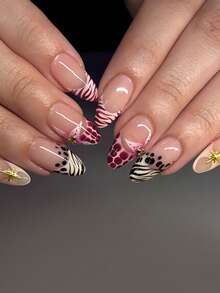 24 Autumn/Winter Acrylic Nail Tips: French Manicure With Leopard Print, Metallic Star, And RhinestonesPerfect For Women Shopping, Socializing, And Photo Shoots. Maxes Out Your Style And Goes With Any Outfit For Stunning Photos. - Multicolor - View 1