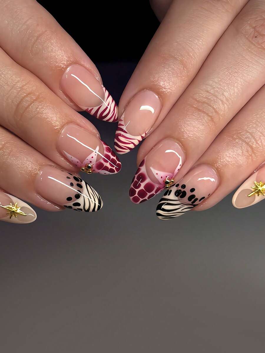 24 Autumn/Winter Acrylic Nail Tips: French Manicure With Leopard Print, Metallic Star, And RhinestonesPerfect For Women Shopping, Socializing, And Photo Shoots. Maxes Out Your Style And Goes With Any Outfit For Stunning Photos. - Multicolor - View 1