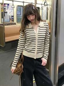 Contrast Color Striped Lapel Collar Spring Summer Autumn Long Sleeve Front Button Ribbed Casual Women's Cardigan - Apricot - View 6