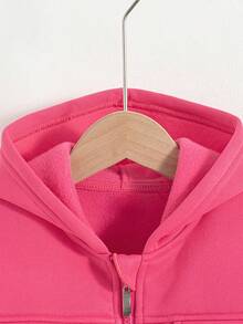 Young Girl 2pcs/Set Casual Hooded Zip-Up Long Sleeve Jacket And Fleece Pants Outfit, Winter - Hot Pink - View 3