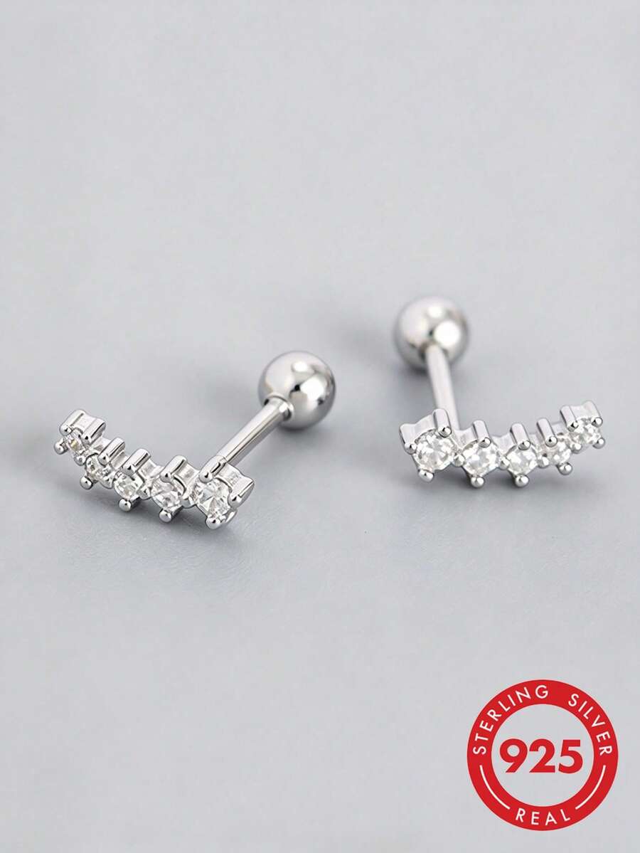 HuooNew 1 Pair Minimalist 925 Sterling Silver Diamond Wing Earrings, Suitable For Women's Daily Wear - Silver - View 1