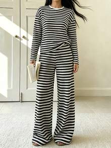 YI XUAN Women Fall Black&White Striped 2Pcs Knit Outfit Set,Round Neck Long Sleeve Textured Top & Wide Leg Pants, Cozy Loose Loungewear For Daily Home Wear - Black and White - View 6