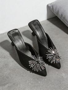 Women's Black Pointed Toe Mule High Heel Shoes, Rhinestone Decor Slip-On Sandals - Black - View 7