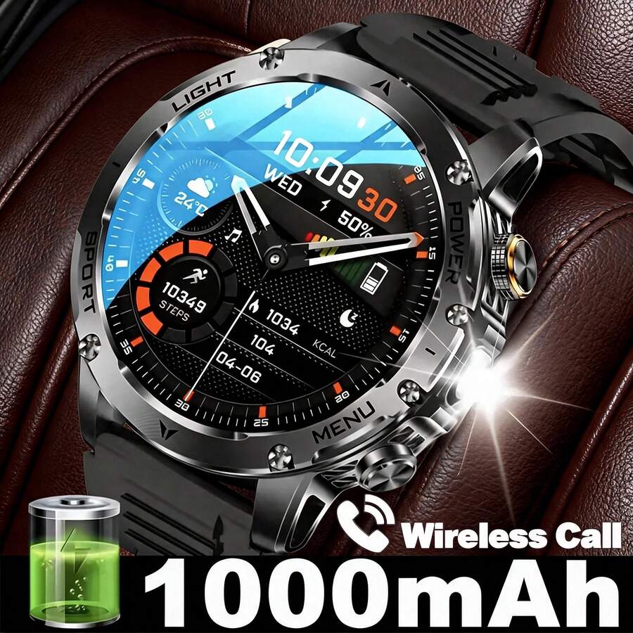KENPANG Jam Tangan Pintar Pria Multifungsi untuk Aktivitas Luar Ruangan, Panggilan HD Bluetooth, Daya Tahan Baterai 1000mAh, Lampu Senter LED Dua Warna Merah dan Putih Terintegrasi, Layar Sentuh Penuh Ultra Jernih 1,85 Inci, 100+ Mode Olahraga, Pelacakan Kesehatan 24/7, Tahan Air IP68, Pelacak Kebugaran Pria, Ideal untuk Bersepeda, Mendaki, Lari Lintas Alam, Kompatibel dengan iOS dan Android