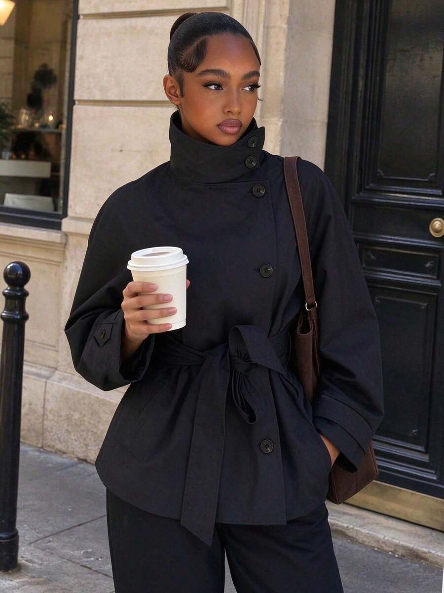 Women's Black High Neck Trench Coat With Belt And Raglan Long Sleeves, Button Front Design, Regular Fit, Autumn/Winter Fashion - Black - View 1