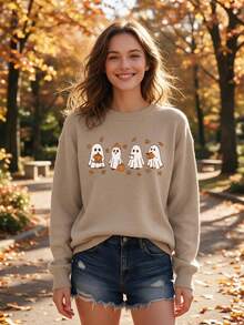 Plus Size Women Cute Ghost Pumpkin Maple Leaf Print Long Sleeve Faux Sweater, Women Halloween Costume, Women Autumn Outfit, Suitable For Halloween Street Daily Party - Camel - View 3