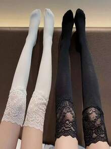 Women's Lace Patchwork Over-The-Knee Long Socks, Vertical Stripe Slimming Japanese Sweet Style Thigh-High Stockings, Versatile Solid Color - Multicolor - View 6
