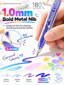 180 Color Gel Pen Set - 1.0mm Tip, Acrylic Metallic Glitter Paint Markers, Multi-Color Markers, Needle Pens, Ballpoint Pens, Eyeliner Pens, Perfect For Vibrant Colorful Writing And Sketching, Smooth Writing, For Painting, Highlighting, Note-Taking, Crafting, Office Use - Multicolor - View 4