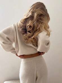Women's Solid Color Long Sleeve Top And Pants Knit Set - Apricot - View 4