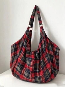 大容量格紋肩背包，女款斜挎包，休閒實用多功能托特包，適合上班、學習、旅行 - 酒紅色 - 查看 3