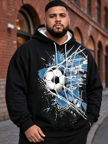 Men's Football Torn Net Print Sweatshirt, Blue Splatter Ink Sports Art Drawstring Kangaroo Pocket Pullover, Long Sleeve Loose Streetwear Sweatshirt - Black - View 1