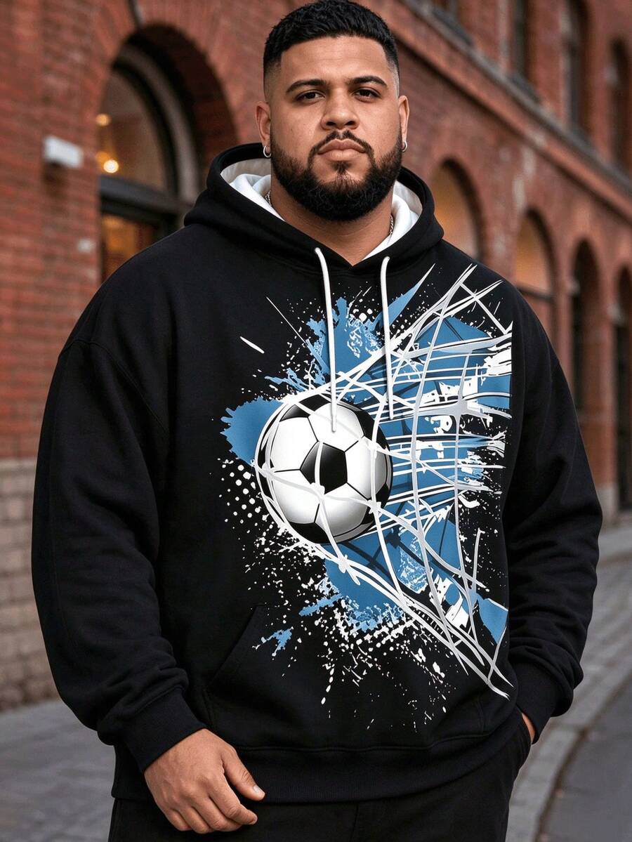 Men's Football Torn Net Print Sweatshirt, Blue Splatter Ink Sports Art Drawstring Kangaroo Pocket Pullover, Long Sleeve Loose Streetwear Sweatshirt - Black - View 1