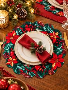 1-10pcs Christmas Linen Round Placemat & Trivet, Scalloped Edge Poinsettia Wreath Bell Holly Berry Printed Heat Insulation Table Mat, Festive Holiday Dining Kitchen Decor - Placemat - View 3