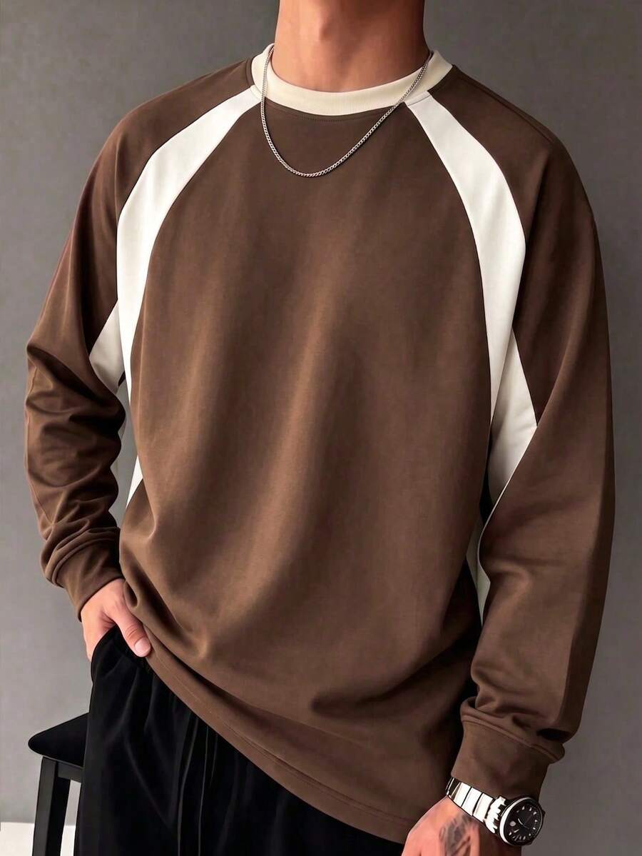 Men's Hooded Long Sleeve Colorblock T-Shirt, Vintage Street Style Casual Loose Fit Top, Regular Crew Neck, Breathable Knit