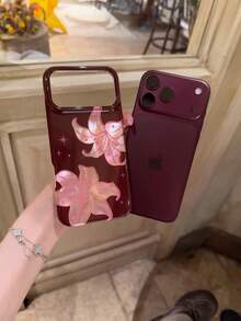 Korean Vintage Cherry Red Gilded Lily Flower Phone Case Compatible With Iphone 18 Pro Max, 17 Pro Max, 15, 16 Pro, 17 Pro, Full Coverage Anti-Drop Protective Shell - Burgundy - View 3