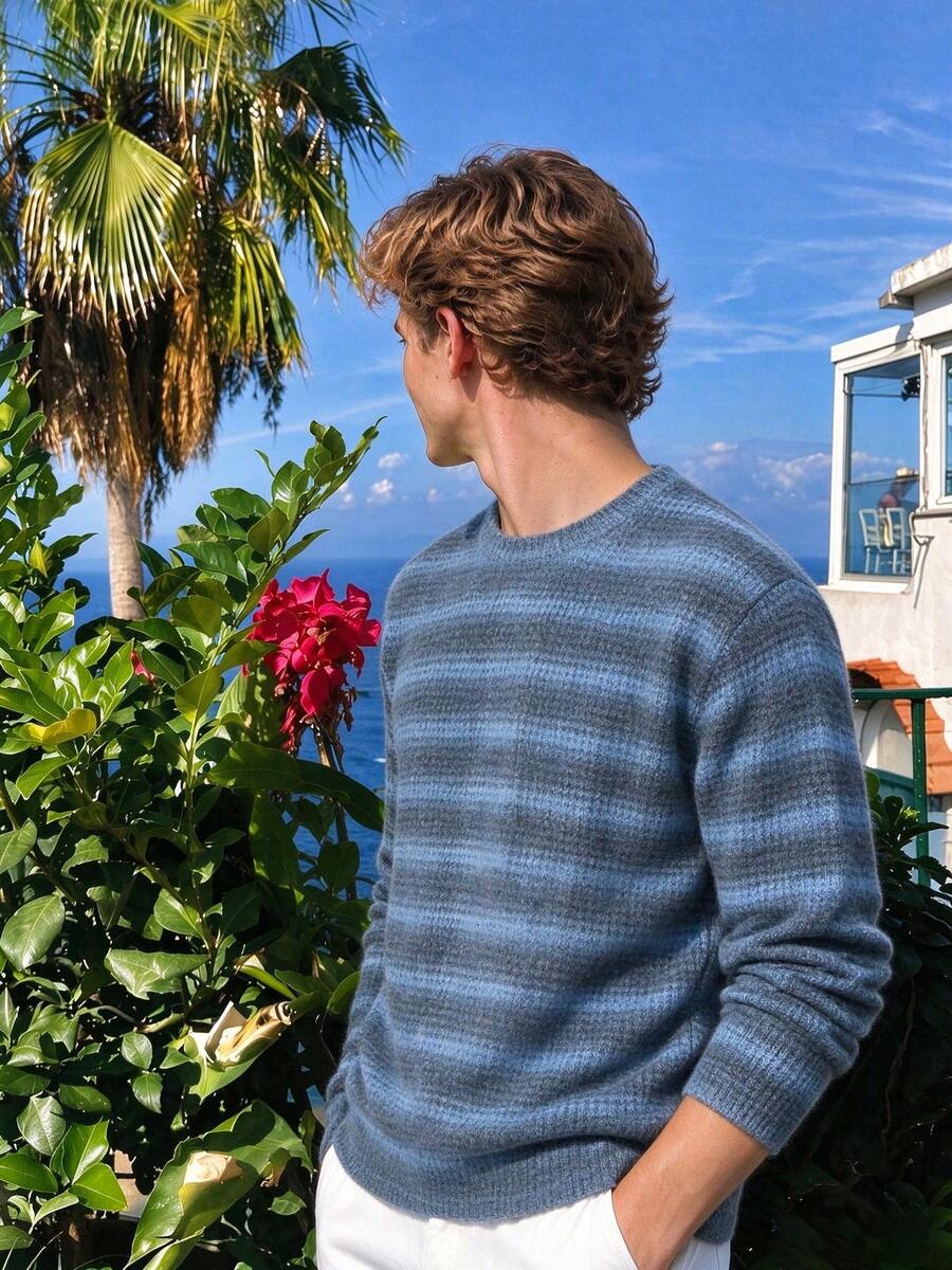 Camvyn Men's Spring/Autumn Casual Fashion Colorful Fleece Waffle Knit Crew Neck Long Sleeve T-Shirt - Baby Blue - View 1