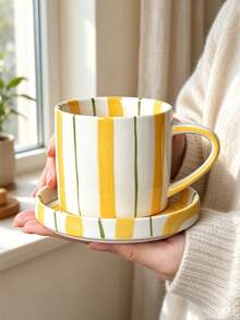 Hand Painted Vertical Striped Ceramic Mug & Saucer Set, Aesthetic Pastel Coffee Cup For Latte, Milk Tea, Afternoon Tea, Cute Table Decor - Multicolor - View 12