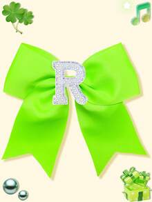 1pc Girls Bright Grosgrain Ribbon Bow Hair Clip, Pearl Rhinestone A-Z Alphabet Letter Decor Bow Hair Barrettes, Cute Girls Daily Hair Accessories - Lime Green - View 27