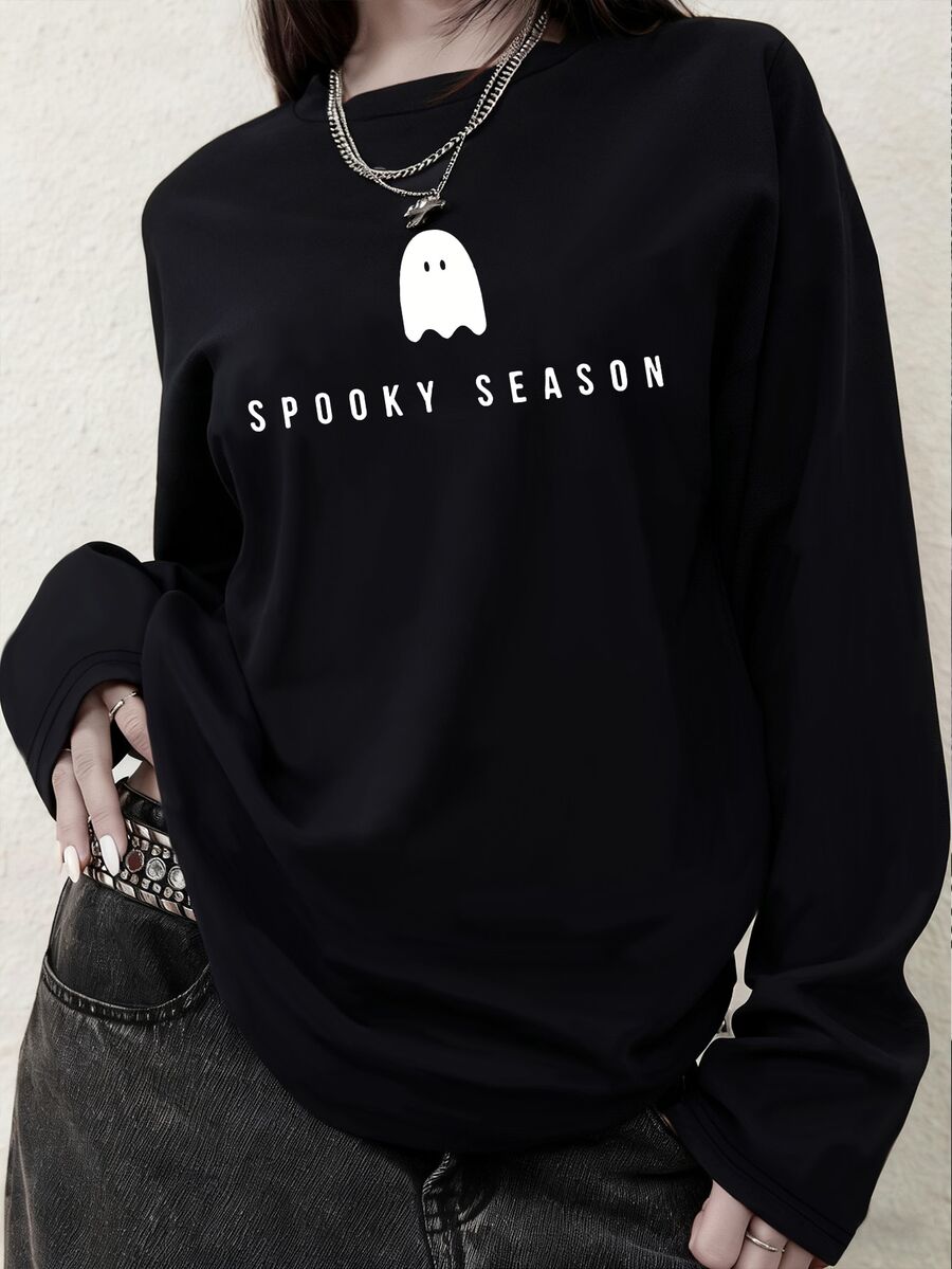 Plus Size Women's Simple Ghost Halloween Print Round Neck Long Sleeve Casual T‑Shirt, Daily Top For Spring Fall Winter - Black - View 1