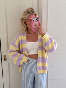 Women's Y2K Lavender & Pale Yellow Striped Cardigan, V-Neck, Dropped Shoulder, Long Sleeve, Vacation Style, Loose Casual Versatile For Autumn/Winter - Purple - View 9