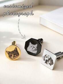 Custom Pet Portrait Cufflinks, Personalized Dog Cat Photo, Engraved Stainless Steel Groom Wedding Gift - Multicolor - View 3
