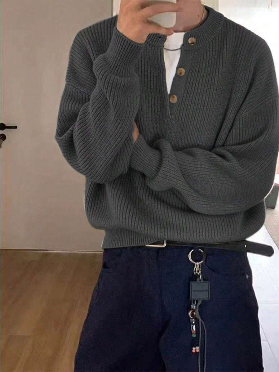 男士秋冬舒適極簡鈕扣裝飾長袖圓領針織衫,休閒百搭商務通勤款 - 深灰色 - 查看 1