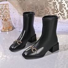 JINWUYIPIN Women's Elastic Slim Fit Ankle Boots, Pointed Toe, Square Chunky Heel, Side Zipper, Shiny Faux Leather, Commuter Boots, Autumn/Winter - Black Button - View 9