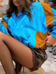 New Women's Colorblock Patchwork Jacket, College Vacation Casual Style, Autumn/Winter - Blue - View 2