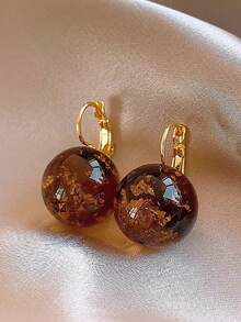 1 Pair Autumn/Winter Fashion Unique Textured Synthetic Resin Ball Hoop Earrings Suitable For Women's Daily And Party Wear - Golden Yellow + Brown - View 6