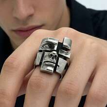 CIREY 1pc Vintage Personalized Design Split Personalized Mask Imitation Thai Silver Ring, Versatile Men's Ring Suitable For Daily Wear, Couple Style - Antique Silver - View 11