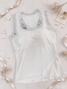 1pc Grey Sexy Lace Trim U-Neck Ribbed Tank Top Women Slim Fit Sleeveless Base Layer - Grey - View 6