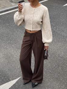 Cárdigan corto, suelto y casual de mujer Sylvia para otoño/invierno, de cuello redondo, manga farol, de un solo pecho, de tela de gasa con estampado floral multicolor, de punto, con botones, adecuado para ir a la oficina, viajar, salir por la noche y usar en la calle - Albaricoque - Ver 1