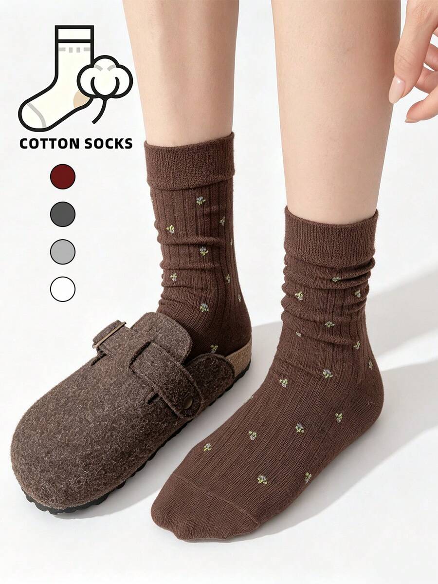 1/4 Pair Floral Bow Ruffle Trim Round Mouth Socks, Soft Breathable ...