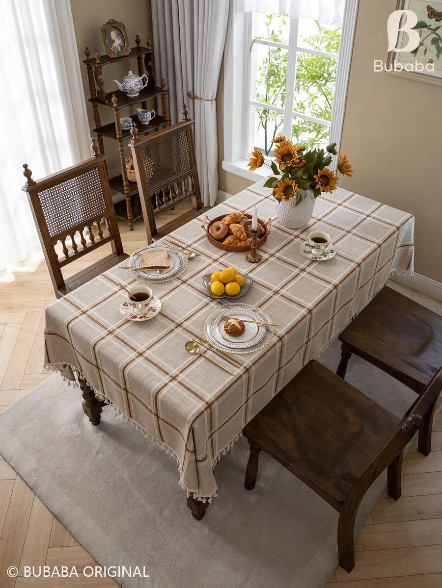 Bubaba Brown Plaid Tassel Tablecloth, Rustic Farmhouse Style Rectangular Tablecloth, Linen Texture Dining Tablecloth, Suitable For Kitchen, Dining Room, Party And Daily Home Decor - Multicolor - View 1