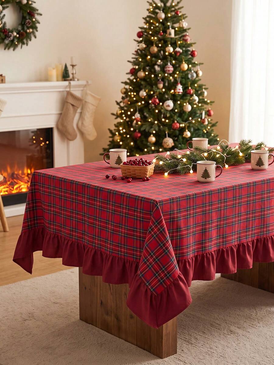 1pc Red Background Green & Black Plaid Tablecloth, Christmas Holiday Style Fabric Material, Rectangular With Scalloped Hem Design, Decorative Tablecloth For Christmas And Winter Home Decor - Red - View 1