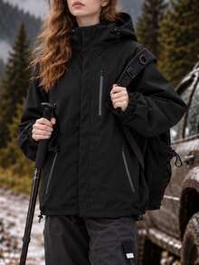 Women's Autumn Solid Black Drawstring Hooded Jacket, Full Front Zipper, Multiple Zipper Pockets, Elastic Cuffs, Loose Casual Top - Black - View 1