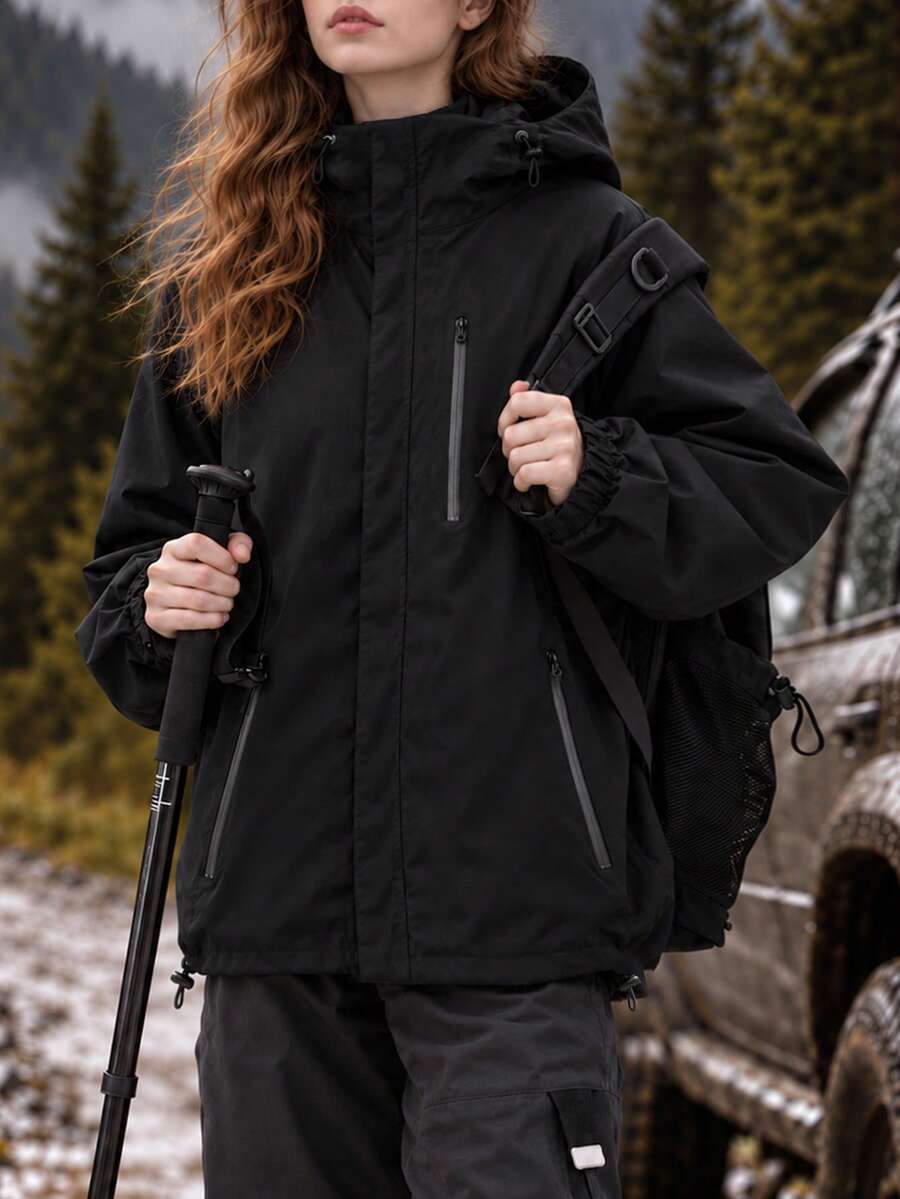 Women's Autumn Solid Black Drawstring Hooded Jacket, Full Front Zipper, Multiple Zipper Pockets, Elastic Cuffs, Loose Casual Top - Black - View 1