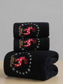 QIBHI 100%純棉聖誕毛巾/浴巾，刺繡彩色鹿純色，1件浴巾或1件毛巾，吸水柔軟，聖誕禮物，聖誕鹿，居家節日慶祝裝飾 - 黑色 - 查看 14
