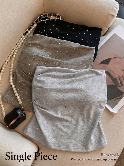 Atasan Bandeau Berlipit Pas Badan Wanita Elegan Kasual Menawan Seksi Minimalis Segar untuk Perjalanan Sehari-hari Serbaguna Musim Panas
