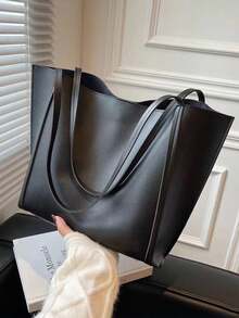 Large Capacity PU Tote Bag, Minimalist Fashion Women's Multi-Pocket Shoulder Bag, Solid Color Personalized Handbag - Black - View 3