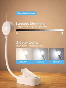 Rechargeable LED Clip On Reading Light, Portable Mini Book Lamp, 3 Color Temperatures Dimmable Brightness, Eye Care Desk Lamp For Student Study, Bedside Reading, Dorm, Office, Travel, Bedroom Night Reading - Multicolor - View 10