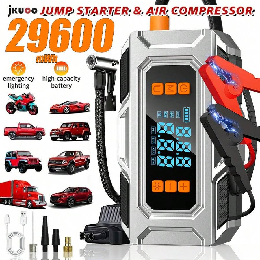 jkuoo 10-In-1 Portable Car Jump Starter With Air Pump, Multi-Function Power Station, Integrated Tire Inflator And LED Light; Suitable For All 12V Gasoline Vehicles And Various Vehicle Types, Including Cars, Trucks, SUVs, RVs And Motorcycles.