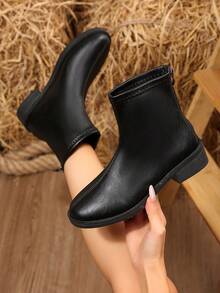 New Women's Chunky Heel Ankle Boots, Fashionable Back Zipper Western Style Holiday Casual Comfortable Boots - Black - View 7