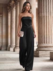 Elegant Black Satin Women's 2 Pieces Set, Bandeau Top + Wide Leg Pants, Suitable For Casual Fashion Or Formal Occasions - Black - View 1