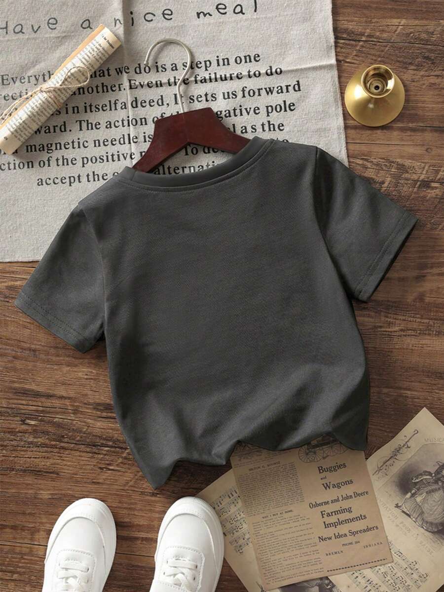 Baby Girls' Minimalist Floral & Letter Print Round Neck Short Sleeve Cute Top - Dark Grey - View 1