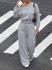 Women's Autumn 2 Pieces Set, Solid Color Asymmetrical Shoulder Long Sleeve Top And Low-Waist Drawstring Pants, Y2K Street Style Sexy Outfit - Grey - View 2