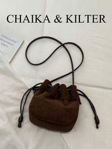 1pc Small Bucket Suede Fabric Shoulder Bag, Adjustable Strap, Suitable For Commuting, Shopping And More - Coffee - View 5