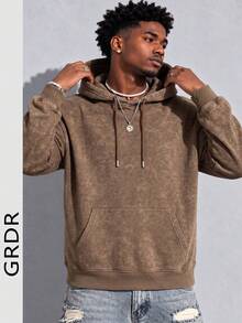 GRDR Men's Autumn/Winter Casual Loose Fit Hooded Fleece Sweatshirt - Brown - View 2